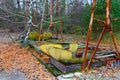 Boat swings at amusement park in abandoned ghost town of Pripyat, Chernobyl alienation zone, Ukraine Royalty Free Stock Photo