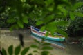 Boat with the text "Mother goddess" in Indian on a lake in the middle of a forest