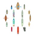 Boat top view above over icons set, cartoon style Royalty Free Stock Photo
