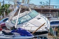 Boat totalled by Hurricane Ian Fort Myers FL Royalty Free Stock Photo