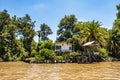 Boat tour on the Parana Delta, Tigre, Buenos Aires, Argentina. Palm trees, construction site of modern brick house