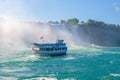 The boat with tourists in front of Niagara Bridal Veil Falls.