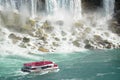 Boat with tourists sailing towards Niagara falls