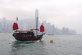 Boat in traditional style in front of Hong Kong island Royalty Free Stock Photo