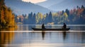 Boat on the tranquility of a peaceful lakeside scene during autumn