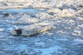 Boat trapped in ice on the Danube river in Zemun near Belgrade