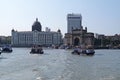 Taj Mahal hotel, Gateway of India and tourist boats in water of Arabian Sea in Mumbai Royalty Free Stock Photo