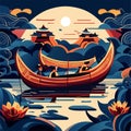 Boat trip on the river at sunset. Asian traditional culture. Vector illustration generative AI