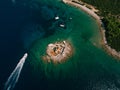 Boat trip to the island of Otocic Gospa. Montenegro. Drone