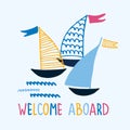 Boat trips logo. Boat sightseeing tours, cruise routes banner. Yacht hand drawn vector illustrations with lettering