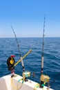 Boat trolling fishing gear downrigger and two rods