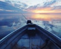 Boat trolling quietly, motor and rods ready, wide angle showing vast water, dawn breaking, tranquil scene