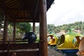 A boat with a unique shape is floating on a clear lake and has a very beautiful view. Jembangan, Kebumen - Indonesia. Good for p