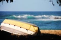 A boat upside down on the beach in Waimea Beach, north shore of Oahu, Hawaii Royalty Free Stock Photo