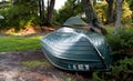 Boat upside down and tent on the campsite near lake