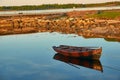 Boat in the village of Rabocheostrovsk, Russia. White Sea Royalty Free Stock Photo