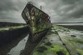 A boat is visible, partially covered in mud, as it sits stranded in shallow waters, An old, moss-covered naval ship abandoned in a