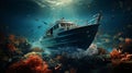 Boat in the water with fish and coral. Generative AI. Royalty Free Stock Photo