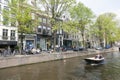 Boat in water of leliegracht in centre of amsterdam while people