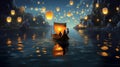 boat water night lamp travel light celebration river festival lantern. Generative AI.