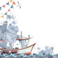 A boat on the waves with seagulls, garlands with flags and watercolor spots. Watercolor illustration. Corner frame for Royalty Free Stock Photo