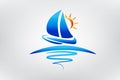 Boat Swirly Waves And Sun Logo Vector Royalty Free Stock Photo