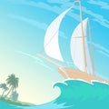 Boat white sail canvas up on wave crest. Blue sky sunny beach palms. Blue clear ocean water. Travel vacation vector