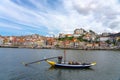 boat with wine barrels with Beautiful colorful building facede background in Porto Portugal next to Duero river in