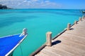 Boat in wood pier Cancun tropical Caribbean sea Royalty Free Stock Photo