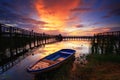 Boat and wooden bridge with beautiful sky. Royalty Free Stock Photo