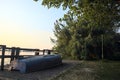 Boat on a wooden pier by the lakeshore next to reeds at sunset