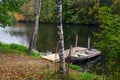 Boat at the wooden pier, Wisconsin, USA Royalty Free Stock Photo