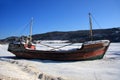 Boat wreck on frozen river Royalty Free Stock Photo