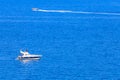 Boat or yacht in the Mediterranean. August 7, 2022 Beldibi, Antalya province, Turkey Royalty Free Stock Photo