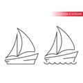 Boat or yacht thin line vector icon. Sail boat with sea waves