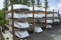 Boat yard with small sailing boats and kayaks Royalty Free Stock Photo