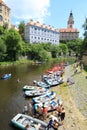 Boaters on river Vltava in Cesky Krumlov Royalty Free Stock Photo