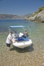 Boaters in Mediteranean near Villefranche sur Mer, French Riviera, France