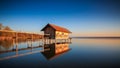 Boathouse in Stegen at the Ammersee at sunset in Bavaria Germany