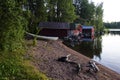 Boathouses on the lake at sunset