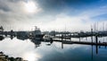 Boating harbor on a cold, misty morning