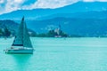 Boating on Matka Lake between the Rocky Mountains Royalty Free Stock Photo