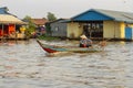 Boating past floating fishing village of Tonle Sap River in Cambodia