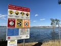 Boating safety information rules signage at Bowna Waters Reserve natural parkland on the foreshore of Lake Hume.