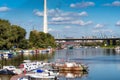 Boats on the Ada Ciganlija lake and the bridge over the Sava River. Belgrade, Serbia