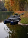 Boats along river in Autumn Royalty Free Stock Photo