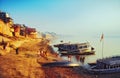 Boats along the River Ganges at dawn, Varanasi, Uttar Pradesh, India Royalty Free Stock Photo