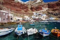 Boats at Amoudi port of Oia town on Santorini island Royalty Free Stock Photo