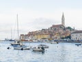 Boats anchered in Rovinj Marina and the Old Town with Basilica of St. Euphemia at the top 0896