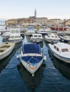 Boats anchered in Rovinj Marina and the Old Town with Basilica of St. Euphemia at the top 0903
